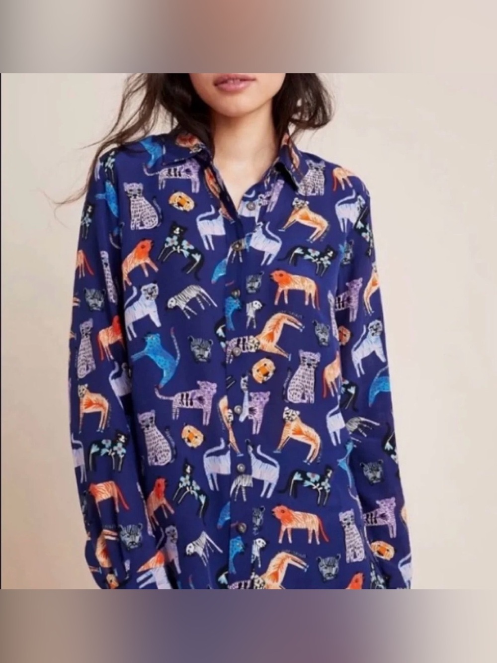 Anthropologie Navy Button-Down Shirt with Colorful Animal Print 100%Silk